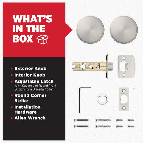 Pismo Interior Passage Door Knob For Closet And Hallway Doors Non Locking Satin Nickel With Microban Protection Easy DIY Install Fits Standard Latch Ideal For Doors That Dont Need Security Smooth Operation And Durable Handle shown with installation components
