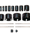 Spyder 18-piece tungsten carbide tipped hole saw kit with 12 hole saws, 2 arbors, 4 pilot bits, rapid core eject