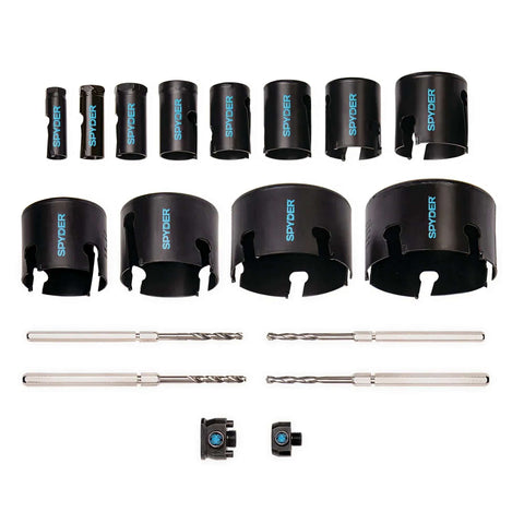 Spyder 18-piece tungsten carbide tipped hole saw kit with 12 hole saws, 2 arbors, 4 pilot bits, rapid core eject