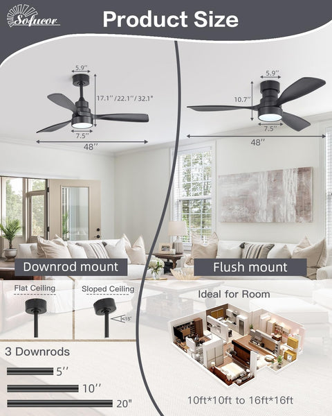 Diagram showing 52 Inch No Light Ceiling Fan With Remote Control, flush and downrod mounts, for kitchen, bedroom, living room.