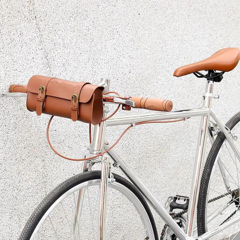 Slick Retro Faux Leather Handlebar Bag For Happy E Bike Off Road MTB With Secure Metal Buckles Weatherproof Pouch For Gravel Riders, side view