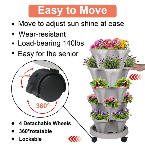 Five Tier Vertical Planter Tower With Wheels For Easy Mobility And Space Saving Indoor Outdoor Garden Pots display with plants
