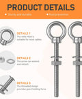 Detailed view of Six Pack Stainless Steel Eye Bolts With Shoulder Three Eighths Inch Four Inches Heavy Duty Lifting Rings for ropes and cables.