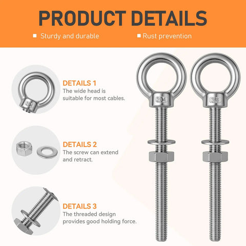 Detailed view of Six Pack Stainless Steel Eye Bolts With Shoulder Three Eighths Inch Four Inches Heavy Duty Lifting Rings for ropes and cables.