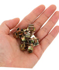 50 Pack Of Straight Up Solid Iron Captive Nut Fasteners With Top Shelf License Plate Screw Retainer Clips in hand.