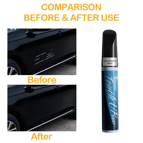 Black GBA WA8555 Touch Up Paint For GMC And Chevrolet Exact Match 2 In 1 Car Paint Pen showing before and after scratch repair