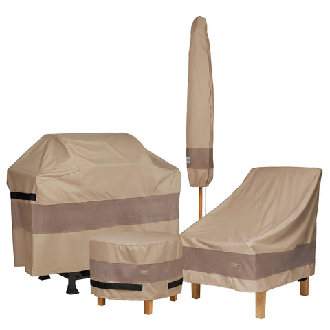 Outdoor Waterproof 34 Inch Wide By 35 Inch Deep By 36 Inch High Patio Chair Cover Fits Chairs Up To These Dimensions With Sealed Seams And Durable Nylon Straps And Side Release Buckles For All Weather Outdoor Chair Protection showing a covered patio chair alongside other outdoor furniture covers.