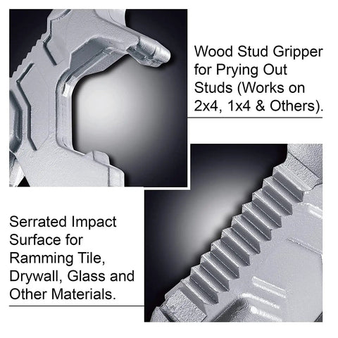 Close-up of Heavy Duty Demolition Tool Made From Manganese Steel Wrecking Bar Nail Puller serrated impact surface.