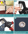 Step-by-step use of 3/8 Inch Grommet Tool Kit with Magnetic Punch on leather, showing hollow punch, positioning, fastening, and finished eyelet