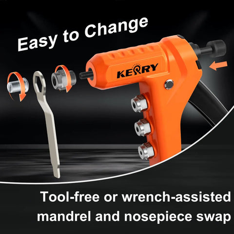 One-Handed 9.5 Inch Rivet Nut Tool Kit with easy change mandrels and wrench, close-up view