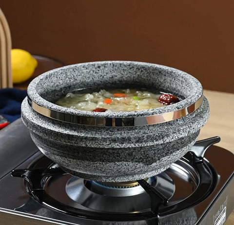 Dolsot Style Granite Stone Bowl With Lid 14 Cm Retains Heat For Bibimbap Soups Stews Hot Pot And Rice on stove