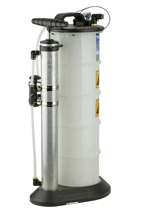 2.3 Gallon Fluid Evacuator And Dispensing Pump With Push Button Operation For Auto Maintenance And Shop Pros, Chemical Resistant Polyethylene, Automatic Overflow Prevention, Quick Drain Spout, Large Stable Base