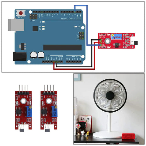 KY 024 Linear Magnetic Hall Effect Sensor Module connected to microcontroller with fan scene.