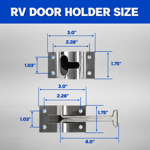 Heavy Duty 304 Stainless Steel RV Door Latch And Holder For Trailers Campers Trucks And Shop Doors showing size dimensions