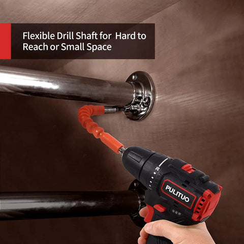 Lightweight Brushless 12V Cordless Drill Kit with flexible shaft reaching tight space under metal pipe, keyless chuck visible