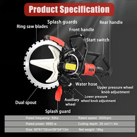 Product specification image of Heavy Duty Dual Blade Concrete Wall Cutter With Robust 8980W Motor And Rock Solid 3000Rpm Speed