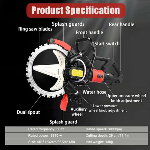 Hella Tough 8980W Electric Concrete Circular Saw And Wall Chaser Machine showing product specifications and components.