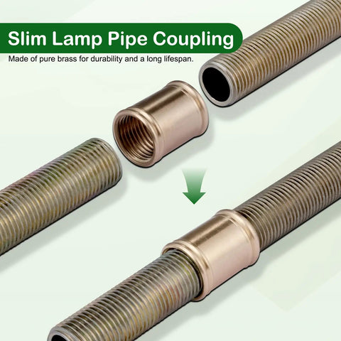 Total No Fuss Brass Lamp Hardware Set Featuring Snug Threaded Pipe Locknuts And Tough Rod Couplings For Easy Diy Lighting Assembly And Workshop Upgrades. Slim lamp pipe coupling made from pure brass showing tight threaded design.
