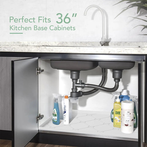 Open cabinet showing Under Sink Mat 22x34 Inch Waterproof Cabinet Liner For Kitchen And Bathroom in white, fits 36-inch sink
