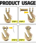 Installation steps for 4 Pack Clevis Grab Hooks Heavy Duty Grade 70 Chain Forged Alloy Steel With Yellow Chromate Finish For Trailer And Truck Transport One Quarter Inch Size Zinc Plated For Superior Corrosion Resistance.