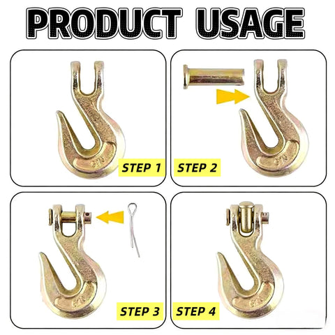 Installation steps for 4 Pack Clevis Grab Hooks Heavy Duty Grade 70 Chain Forged Alloy Steel With Yellow Chromate Finish For Trailer And Truck Transport One Quarter Inch Size Zinc Plated For Superior Corrosion Resistance.
