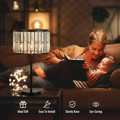 Sleek 21.6 Inch Black Industrial Bedside Lamp With Crystal K9 Shade in cozy living room setting