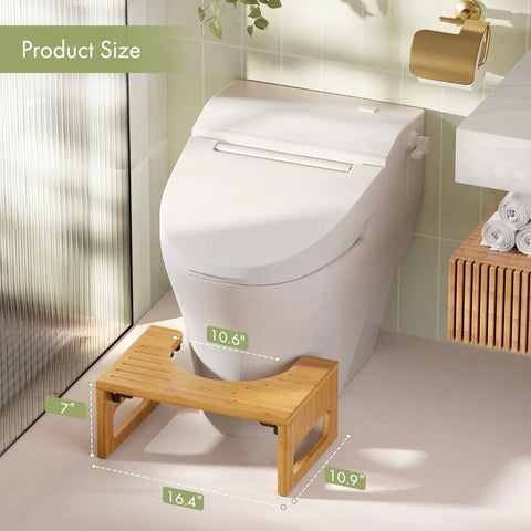 7 Inch Bamboo Toilet Stool for Adults, Foldable Squat Potty for Bathroom, 0.79 Inch Thick, Non Slip Grip, shown by toilet
