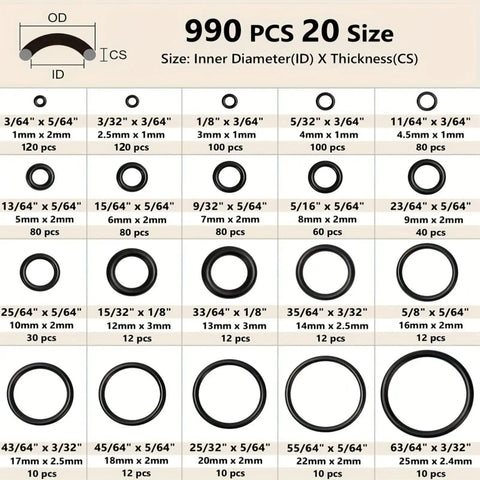 990-Piece Buna-N Nitrile O-Ring Kit With Multiple Sizes For Pressure Washers Auto And Plumbing Repairs Durable Black Set