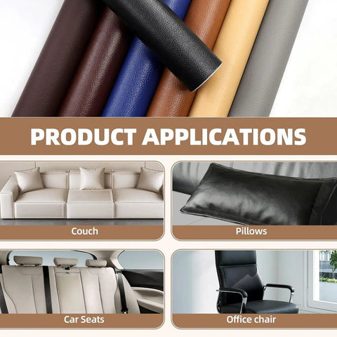 Product applications of Leather Repair Tape Heavy Duty Vinyl Patch 3.15 Inch By 59 Inch Waterproof Self Adhesive Kit shown on furniture.