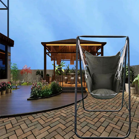 Weather Resistant Hammock Chair Stand With Hanging Swing Chair Included For Indoor Outdoor Use Space Saving Iron Triangle Frame Handles Up To 450 Lbs Easy Setup No Fuss Green Patented Swing Stand on patio
