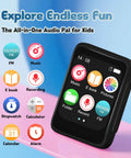Totally Kid Friendly Bluetooth MP3 Player For Kids With 32GB Storage, showing screen icons for music, FM radio, and e-book.