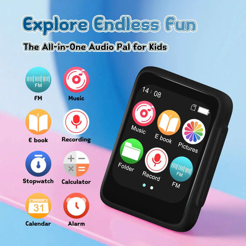 Totally Kid Friendly Bluetooth MP3 Player For Kids With 32GB Storage, showing screen icons for music, FM radio, and e-book.