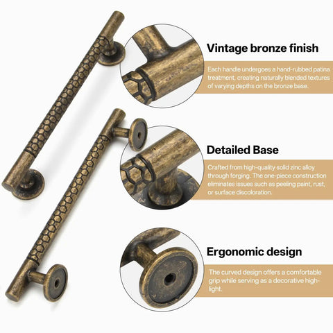 10 Pack Honeycomb Texture 5 Inch Cabinet Handles 128mm Antique Brass Cupboard Pulls For Kitchen Cabinets And Drawers
