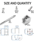 Four Piece 2020 Series Aluminum Extrusion Pivot Joint Connectors For 3D Printer Frames, Zinc Alloy, Flexible 180 Degree Rotation, Includes Screws And Threading Tap Kit; size chart and parts