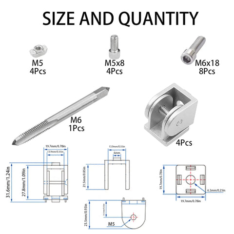 Four Piece 2020 Series Aluminum Extrusion Pivot Joint Connectors For 3D Printer Frames, Zinc Alloy, Flexible 180 Degree Rotation, Includes Screws And Threading Tap Kit; size chart and parts