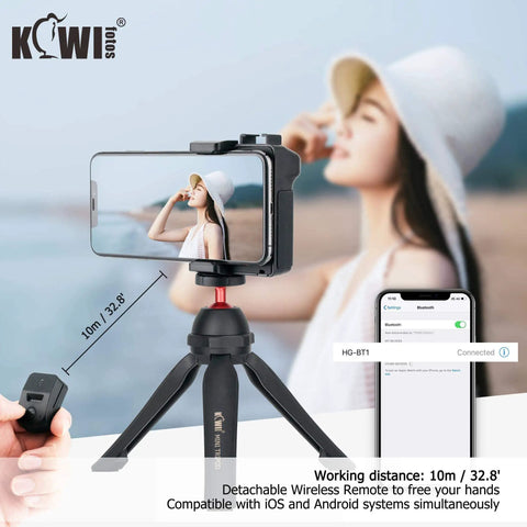 Compact Phone Camera Grip Handle With Tripod Mount Remote Shutter And Cold Shoe Adapter shown holding smartphone for video