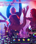 Party scene with people dancing under 4 Pack RGB LED Flood Lights With Stake Outdoor Color Changing Party Lights 150W Equivalent Dimmable White Light 2700K 6500K RGB Uplighting For Events App Control Via Bluetooth.