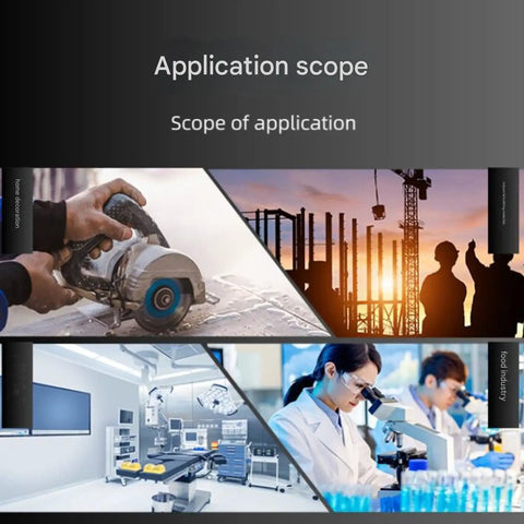 Various applications such as construction, industrial, medical, and laboratory visible in the image.