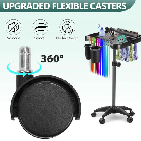 Mobile Salon Rolling Tray Cart With Height Adjustable Stand And Large Magnetic Hair Tool Storage Platform Easy Glide Hairdressing Trolley On Wheels Black with flexible casters showcasing 360-degree rotation feature.