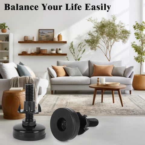 Beefy 40 Pcs Adjustable Leveling Feet with T Nut Kit shown in living room with sofas, tables, and cabinets, black metal, 3/8"-16 thread