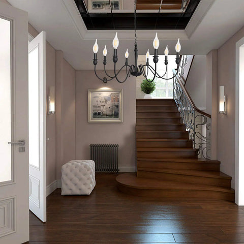 37.4 Inch Black Farmhouse Chandelier With 8 Candle Style Lights, Rustic Iron Arms Ceiling Light Fixture in a foyer setting