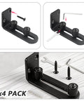 Four Pack Black Sliding Barn Door Floor Guides Flush Wall Mount Bottom Adjustable Rollers Flat Non Scratch Barn Door Hardware Kit With Two Assembly Options Heavy Duty, showing installation components and tools.