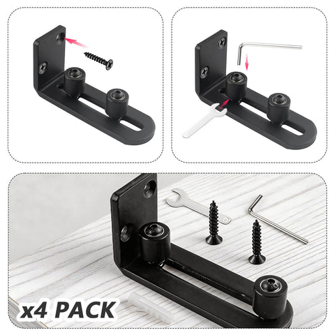 Four Pack Black Sliding Barn Door Floor Guides Flush Wall Mount Bottom Adjustable Rollers Flat Non Scratch Barn Door Hardware Kit With Two Assembly Options Heavy Duty, showing installation components and tools.