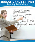 Teacher using chisel tip dry erase markers with magnetic whiteboard eraser in classroom, writing example sentences on board.