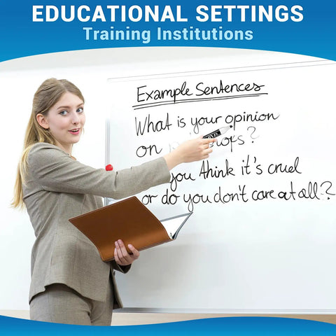 Teacher using chisel tip dry erase markers with magnetic whiteboard eraser in classroom, writing example sentences on board.