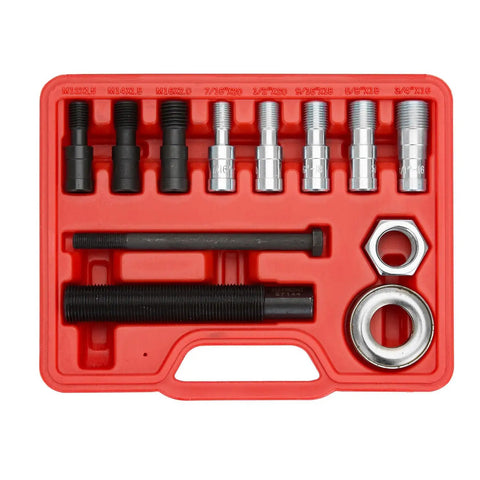 Harmonic Balancer Installer Tool Kit With Color Coded Adjustable Sleeves 9 Count Thread Adapter Set Easy To Use Mechanic Tools In Sturdy Plastic Case For Safe Damage Free Installations.