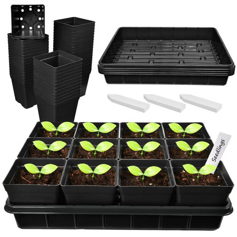 60 Count Square Nursery Pots 3.3 Inch With Drain Holes Seed Starter Tray Kit Includes 5 Trays And 60 Plant Labels In Black