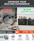 Image showing before and after use of Dockside Ready Self-Adhesive Mesh Boat Storage Bag 10x7 Inch Marine Organizer For Tools And Gear.