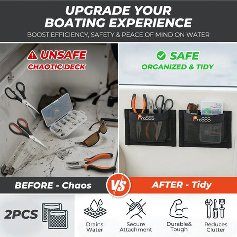 Image showing before and after use of Dockside Ready Self-Adhesive Mesh Boat Storage Bag 10x7 Inch Marine Organizer For Tools And Gear.