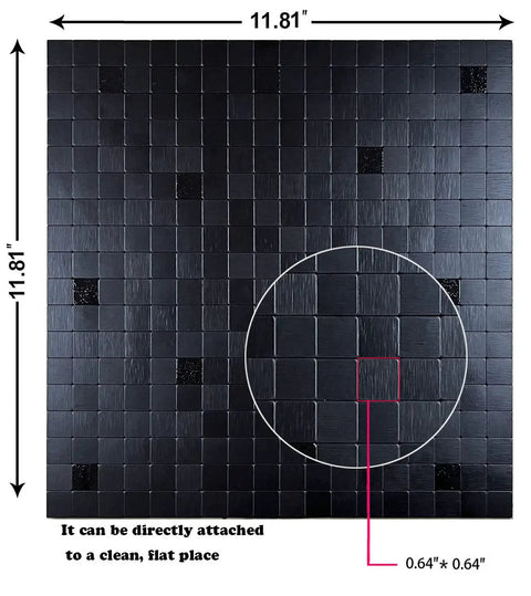 Self Adhesive Brushed Aluminum Backsplash Tiles Peel And Stick 10 Piece Set For Kitchen And Bathroom Each 11.73 By 11.73 Inches Easy DIY Install Black Brushed Finish, showing tile measurement detail.